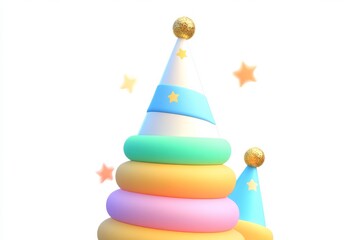 3D cartoon party hat stack icon with glitter gold and rainbow confetti, colorful design in isometric view on white background with studio lighting