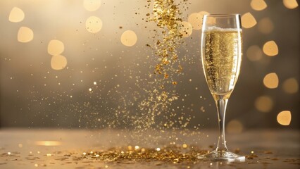 Sparkling champagne glass with cascading gold glitter and soft bokeh lights