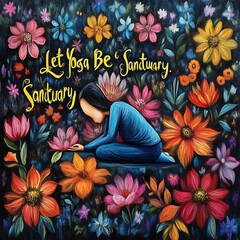 Peaceful yoga pose amidst vibrant flowers.  A serene figure in a seated posture, surrounded by a profusion of colorful flowers, creates a sense of tranquility and inner peace