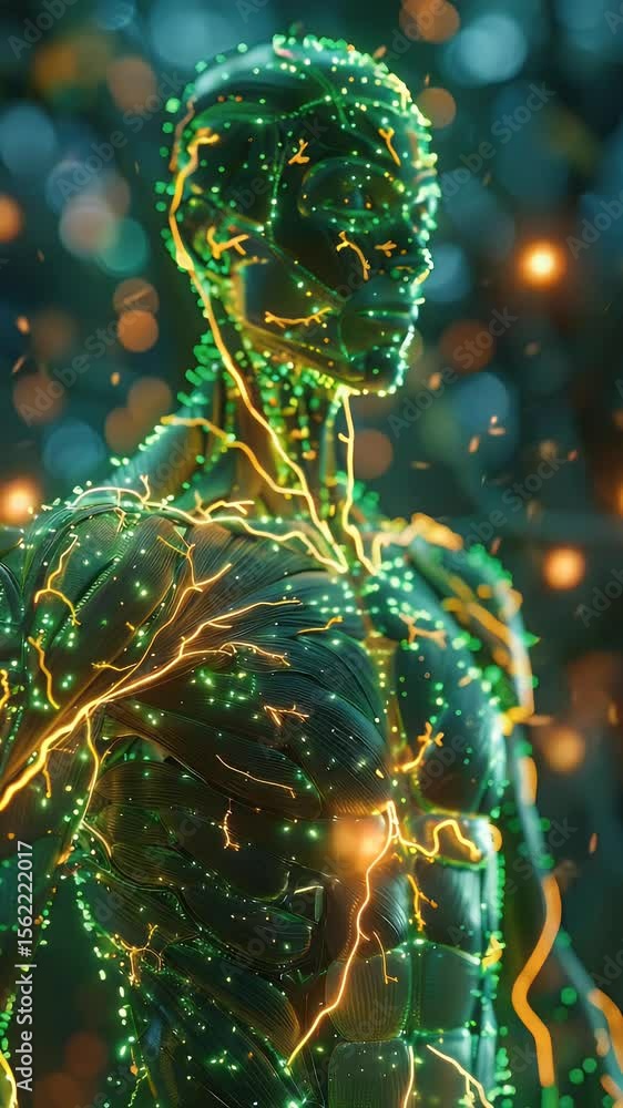 Poster futuristic human form with glowing network connections and bokeh background evokes technological and