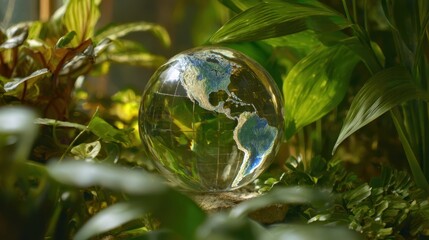 The crystal globe reflecting nature's beauty amidst lush green plants