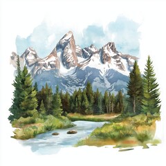 Grand Teton National Park. Grand Teton National Park hand drawn watercolor illustration