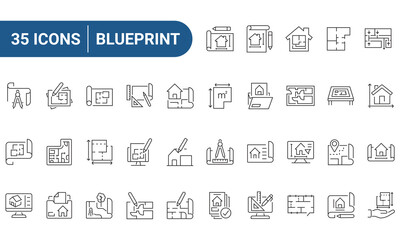 Blueprint Web Icons Set in Line or outline Style related to Blueprint. Icons For Web and Mobile App. Linear icons collection. Editable stroke. Vector illustration	