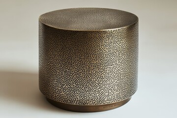 Cylindrical silver metal side table with fine dot texture, circular tabletop, round edges, monochrome design, front view on white background, high-resolution product design style.