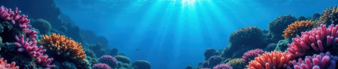 Vibrant blue underwater seascape, coral reef visible, sea background, deep sea, aquatic