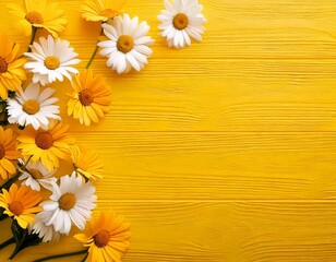 Obraz premium Spring composition. White and yellow daisy flowers on yellow wooden tabletop background