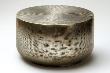 Cylindrical silver metal side table with fine dot texture, circular tabletop, round edges, monochrome design, front view on white background, high-resolution product design style.