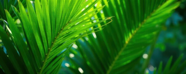Obraz premium Vibrant green palm fronds, lush tropical foliage , vegetation, banana