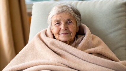 A warm, elderly woman smiles softly while wrapped in a cozy blanket, sitting comfortably indoors.