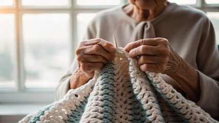 Elderly hands knitting a cozy blanket by a window, capturing a moment of craftsmanship and warmth.