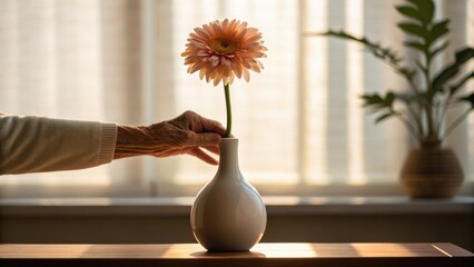 A hand placing a flower in a vase, illuminated by soft sunlight, creates a warm, inviting atmosphere in a cozy setting.