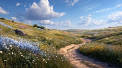 Sunny meadow path, colorful wildflowers