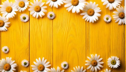 Obraz premium Spring composition. White and yellow daisy flowers on yellow wooden tabletop background