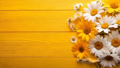 Fototapeta premium Spring composition. White and yellow daisy flowers on yellow wooden tabletop background