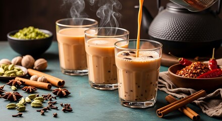 Steaming chai tea poured into glasses with spices and chilies hot beverage cinnamon