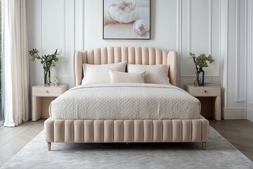 Light pink and cream fabric bed with elegant headboard, flanked by nightstands, in white room with soft lighting and minimalist artwork, showcasing plush luxurious texture and modern comfort.