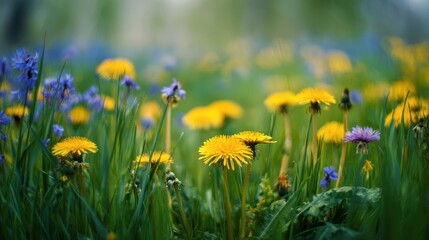 Obraz premium The vibrant dandelions and wildflowers in a flourishing spring meadow.