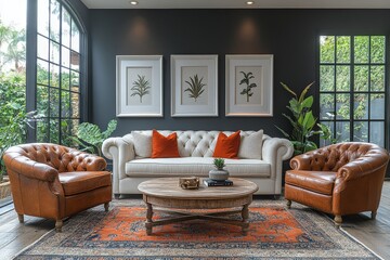 Living room with dark gray walls, white-framed artworks, cream tufted loveseat, coffee table, leather chairs, rug, sofa, armchair, and natural light from window for product photography.
