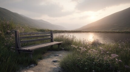 Fototapeta premium Rustic wooden bench by a tranquil mountain lake at sunset