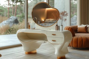 Modern white and gold dressing table with two drawers and mirror, golden legs, clean lines, light colors, angled view in warm cozy bedroom with sofa, no people present.