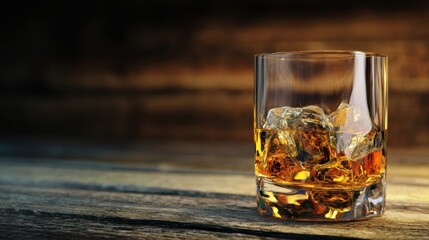 The elegant glass of whiskey with ice on a rustic wooden table