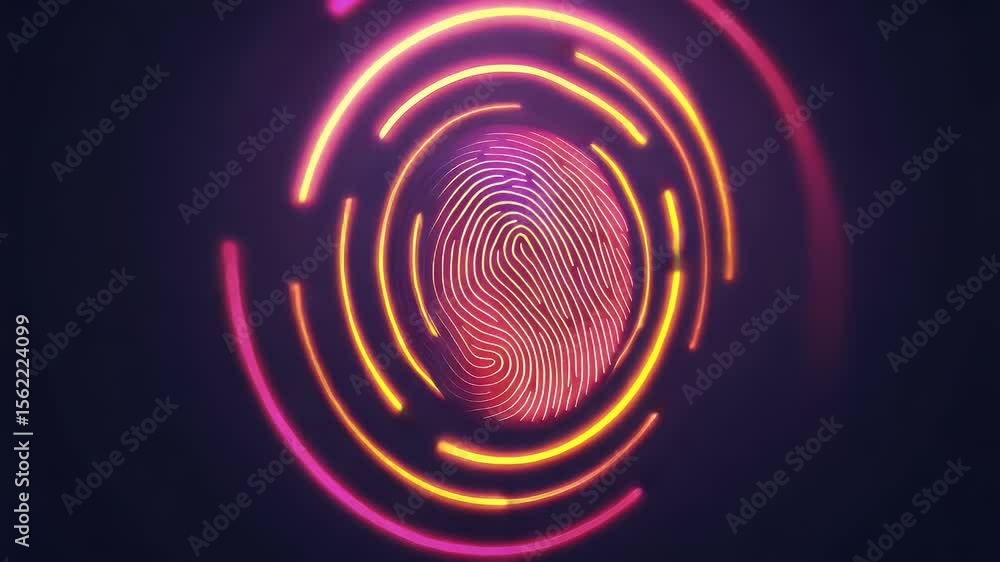 Poster glowing fingerprint with bright neon rings on a dark background concept of security and technology. 