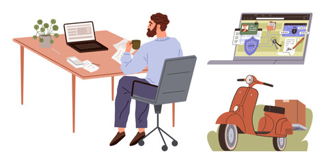 Man at desk working on laptop, holding coffee, reviewing papers. Nearby PC screen shows cybersecurity, delivery details. Red scooter with parcel symbolizes e-commerce and logistics tasks. Ideal