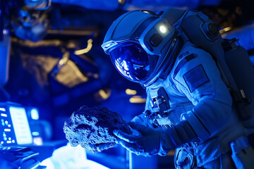 An astronaut carefully examines mysterious object in stunning futuristic environment. Generative AI