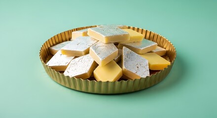 Sweetened cashew squares with edible silver leaf kaju katli indian sweets