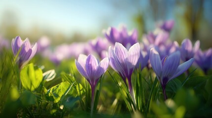 Fototapeta premium The vibrant crocus flowers blooming in sunlight during springtime.
