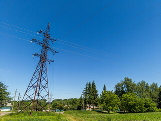 A power line in the middle of a field of green grass