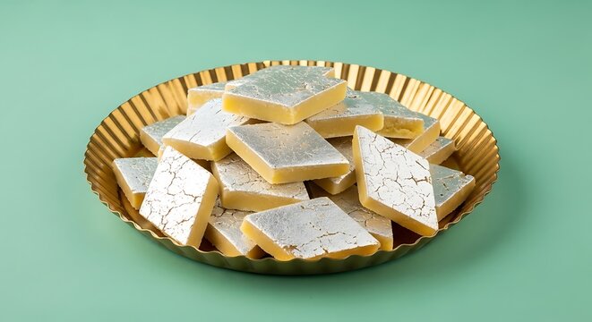 Yellow diamond shaped sweets with silver leaf topping on a golden plate kaju katli indian sweets