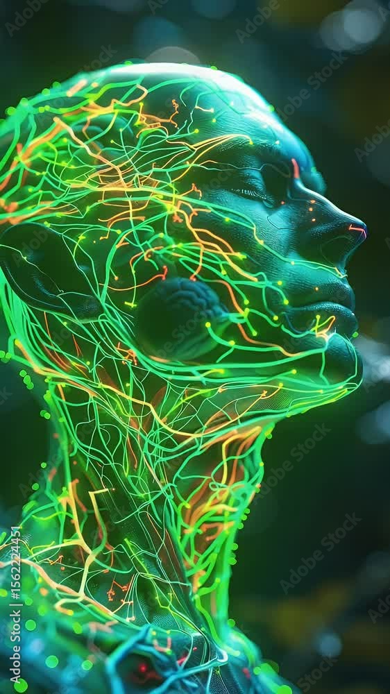 Poster close-up profile of human face outlined in green with network-like patterns on a dark blurred backgr