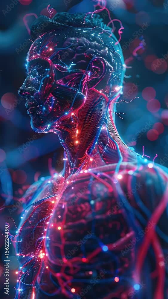 Aufkleber generic human anatomy visualization with glowing red and blue lines overlaid against a dark blue bac