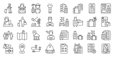 Essential Packing for Sightseeing Trips set of web icons in line style. sightseeing packing list, sightseeing essentials and travel day pack. Vector illustration