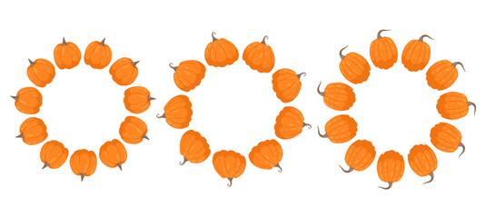 Round pumpkin frame. Autumn frame or border. For packaging, food design. Space for text. Autumn decoration in flat style.