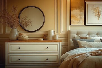 Modern cozy bedroom with two white chest dressers and oak countertops, beige and grey bed, round mirror above cabinet, soft fabric and warm lighting against cream walls.