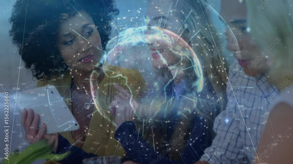 Aufkleber business team tapping tablet highlighting network data in rotating holographic globe for planning
