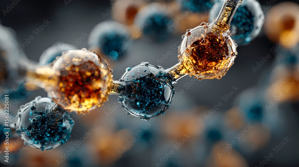 Poster macro view of an abstract molecular structure with interconnected blue and black spheres, glowing or