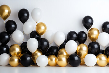 A wall with black, white, and gold balloons all over the wall, floor, and backdrop for a photoshoot, against a white background.