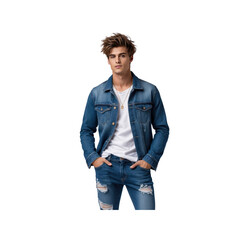 Confident Young Man in Denim Jacket and Ripped Jeans