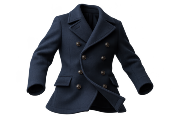 Stylish navy blue men's double-breasted pea coat isolated on transparent background