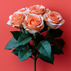 Peach roses in a bouquet against a coral background