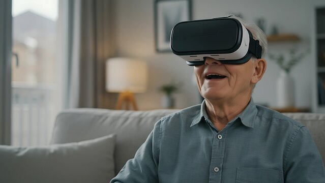 An elderly man smiles with amazement while experiencing virtual reality using a VR headset in a bright, modern living room. His expression shows joy and fascination as he explores a digital world.