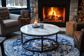 Round coffee table with industrial steel frame and white marble top, set on blue patterned rug in front of fireplace, surrounded by vintage chairs and rustic side tables in cozy living room.