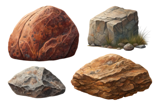 Collection of four natural rocks with varied textures and colors on a white background