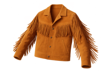 Brown Western-style fringed jacket isolated on transparent background, fashion wear.