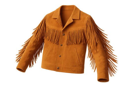 Brown Western-style fringed jacket isolated on transparent background, fashion wear.