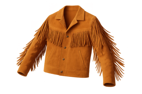 Brown Western-style fringed jacket isolated on transparent background, fashion wear.