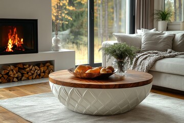 Round coffee table with quilted white leather base and wood top, placed on light gray carpet in open Scandinavian living room with blanket, firewood, and natural lighting.